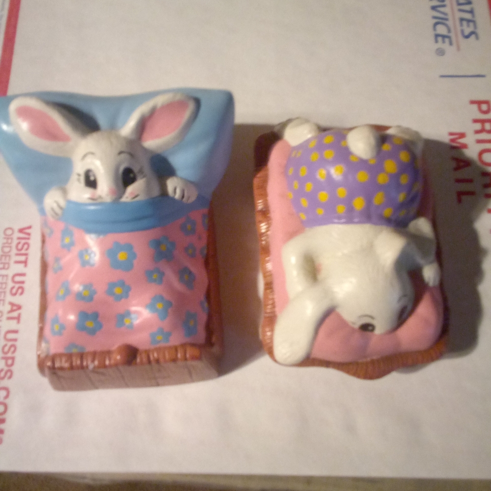 Vintage 1970's Hand Made Ceramic Set Of Bunnies In Bed